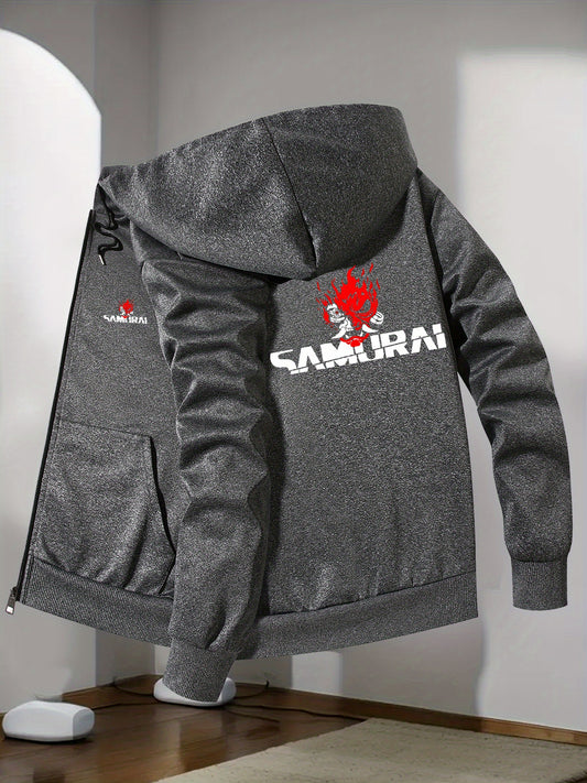 Men's Japanese Samurai Print Hooded Jacket