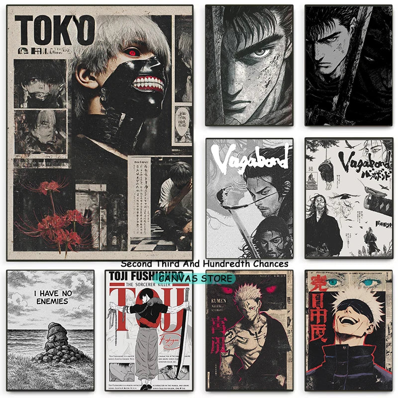 Vintage Anime 90s Berserk Vagabond Hot Anime Manga Black and White Japanese Otaku Poster Canvas Painting Wall Picture Home Decor
