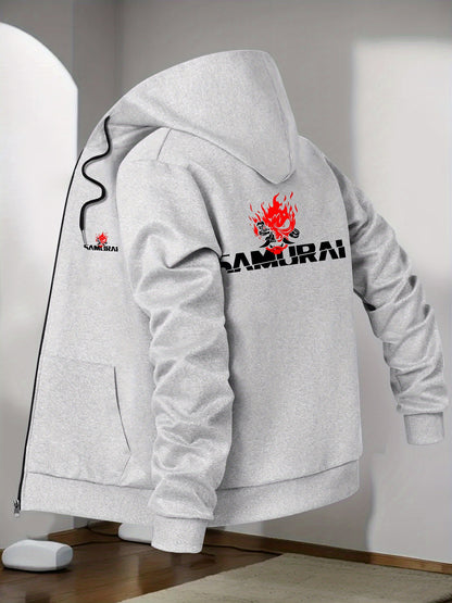 Men's Japanese Samurai Print Hooded Jacket